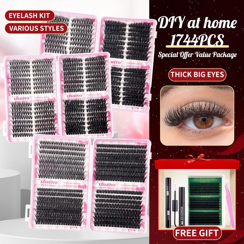 1712PCS Eyelash Cluster Kit, Dense Long Curl Lashes DIY Extension Set, Multiple Lengths, Eyelash Glue Tweezers, Includes Bond&Seal &Remove&Eyelash Tweezers &Brush D Curl（Ss02）