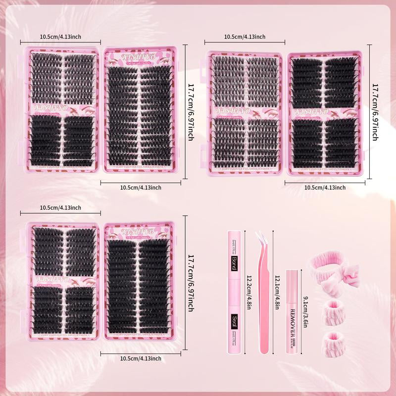 1712PCS Eyelash Cluster Kit, Dense Long Curl Lashes DIY Extension Set, Multiple Lengths, Eyelash Glue Tweezers, Includes Bond&Seal &Remove&Eyelash Tweezers &Brush D Curl（Ss02）