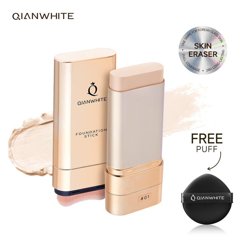 QIANWHITE Luminous Dual-Ended Concealer Foundation Stick with Built-In Brushes Complimentary Puff 24H Long-Lasting Waterproof Sweatproof One-Swipe Even Flawless Base Clear Radiant Skin Foundation Stick