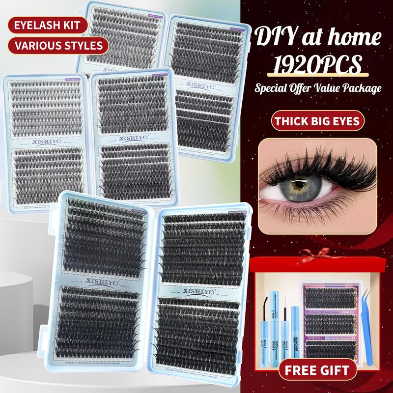 1712PCS Eyelash Cluster Kit, Dense Long Curl Lashes DIY Extension Set, Multiple Lengths, Eyelash Glue Tweezers, Includes Bond&Seal &Remove&Eyelash Tweezers &Brush D Curl（Ss02）