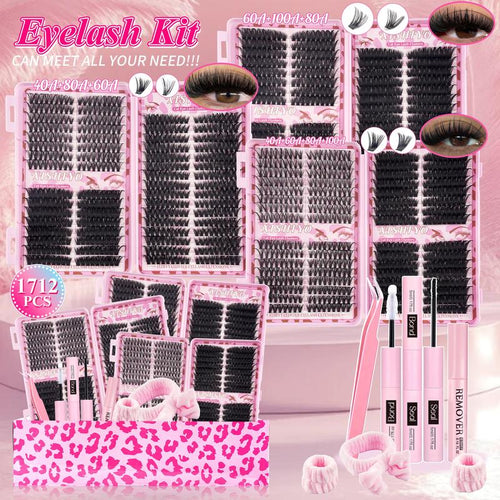 1712PCS Eyelash Cluster Kit, Dense Long Curl Lashes DIY Extension Set, Multiple Lengths, Eyelash Glue Tweezers, Includes Bond&Seal &Remove&Eyelash Tweezers &Brush D Curl（Ss02）