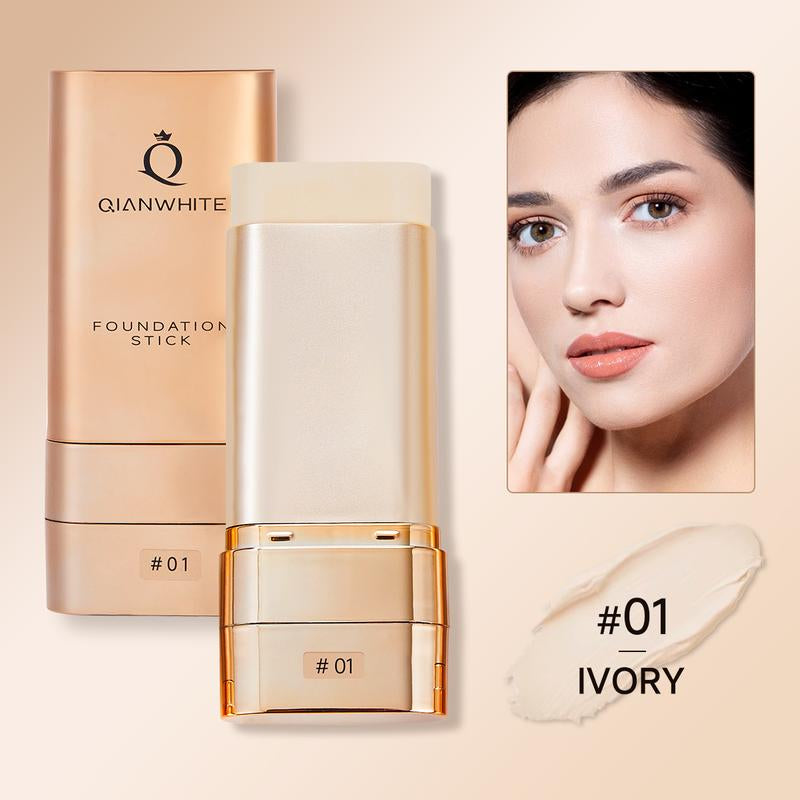 QIANWHITE Luminous Dual-Ended Concealer Foundation Stick with Built-In Brushes Complimentary Puff 24H Long-Lasting Waterproof Sweatproof One-Swipe Even Flawless Base Clear Radiant Skin Foundation Stick