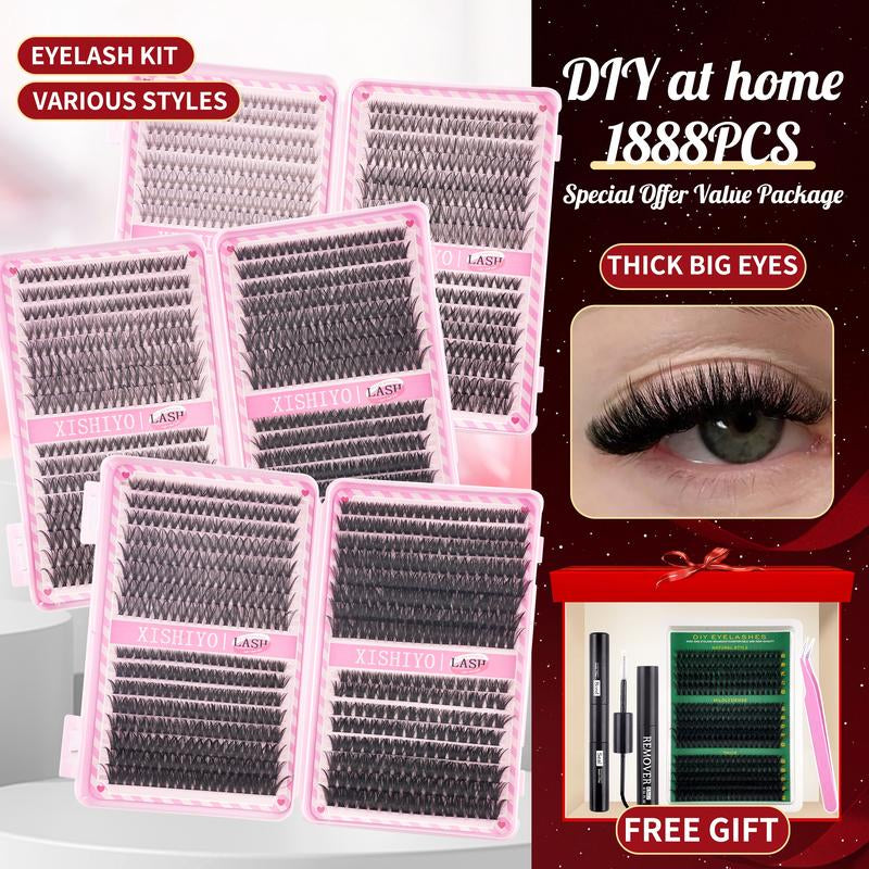 1712PCS Eyelash Cluster Kit, Dense Long Curl Lashes DIY Extension Set, Multiple Lengths, Eyelash Glue Tweezers, Includes Bond&Seal &Remove&Eyelash Tweezers &Brush D Curl（Ss02）